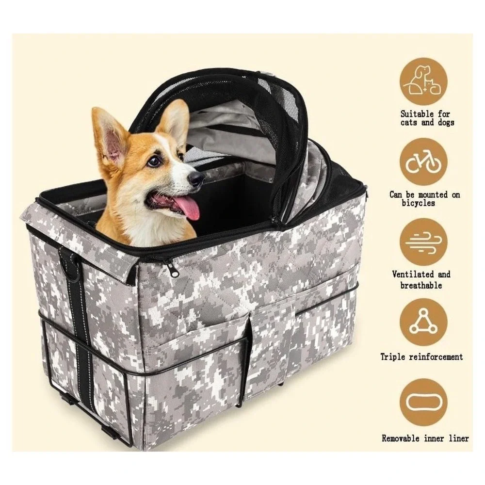 PETFULED Rear Camouflage Bike Basket Pet Travel Carrier Mesh Dome 27x24x43cm